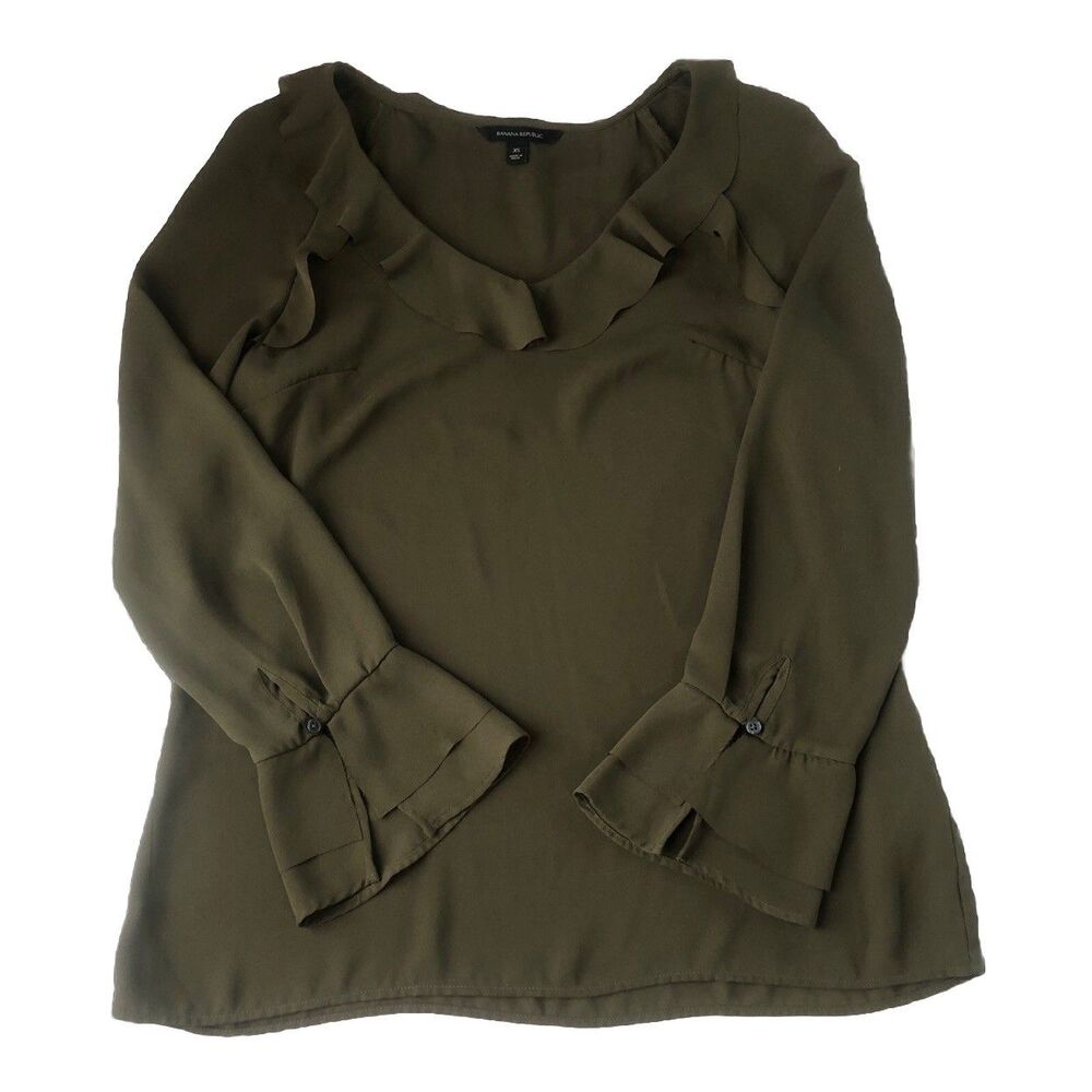 Banana Republic Blouse Ruffle V- Neck & Ruffle 2 Layer Wrist Green Tag Size XS
